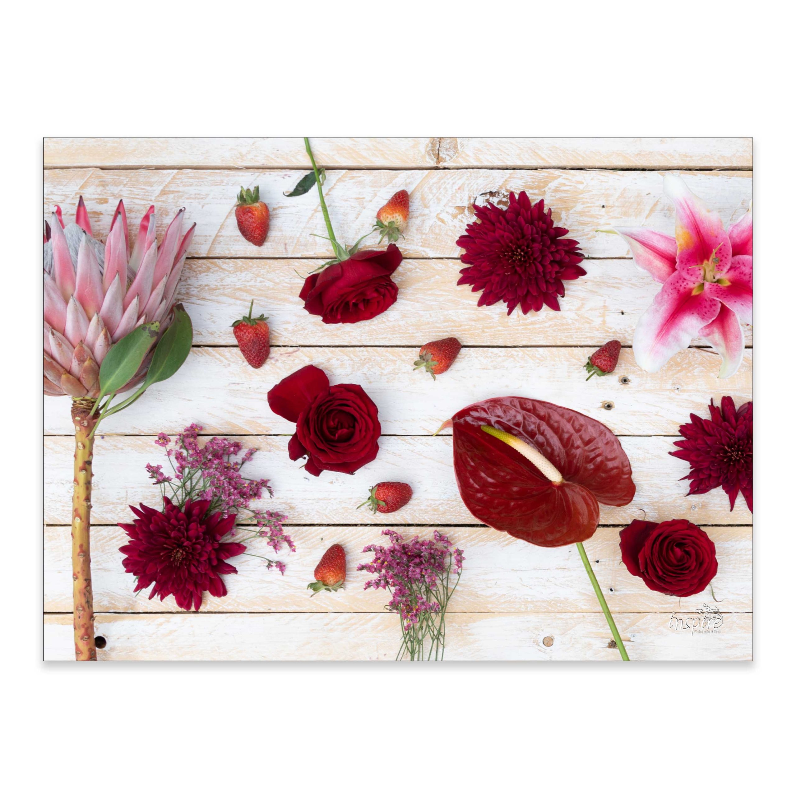 Cutting Board:  Maroon flowers and protea