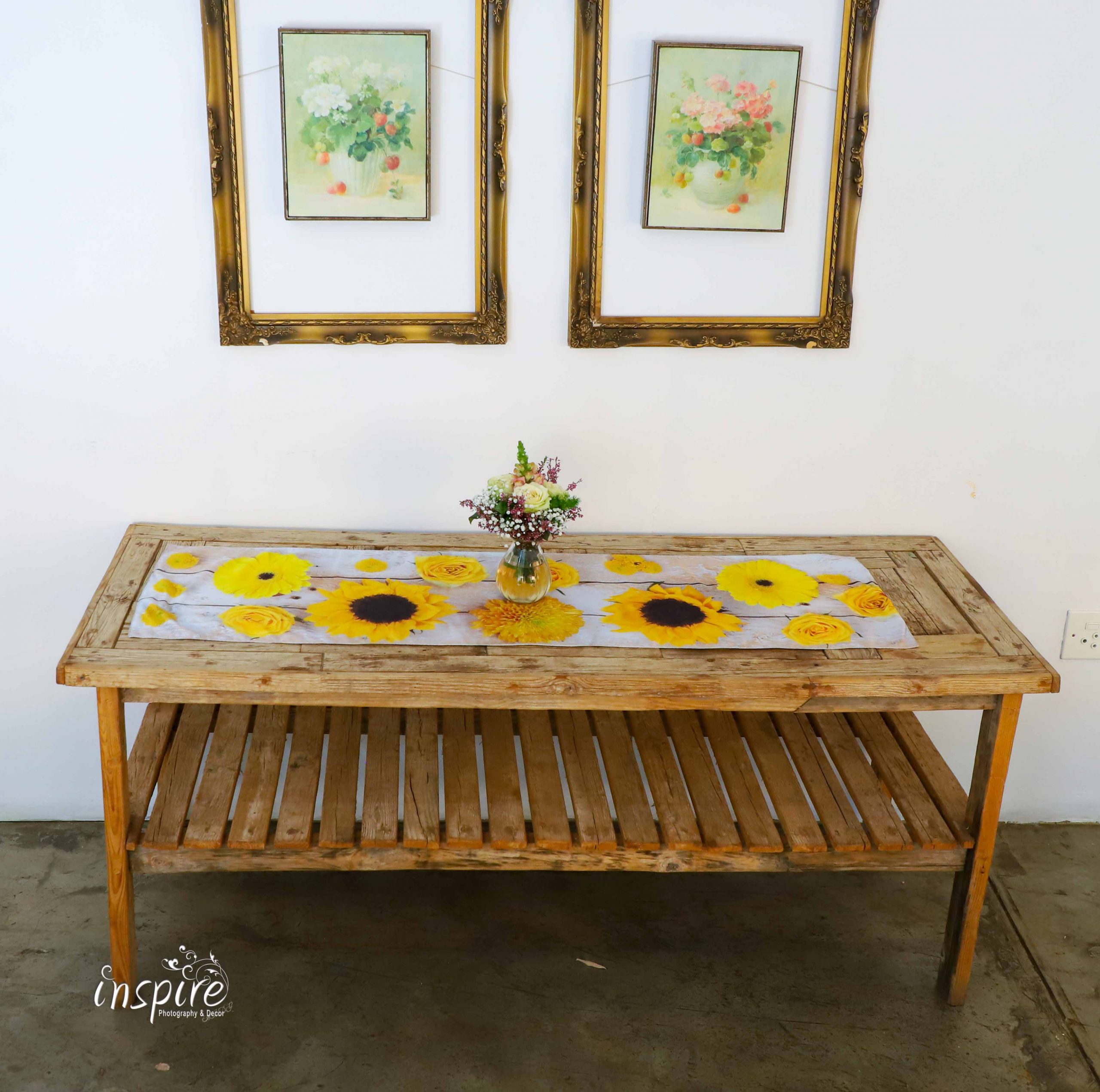 Sunflower Table runners, mixed flowers, proteas, satin sheen, , table protection, wood, table decor, kombuis, kitchen decor, print, inspire photography and decor, dining room table, table cloth, yellow décor, sunflower
