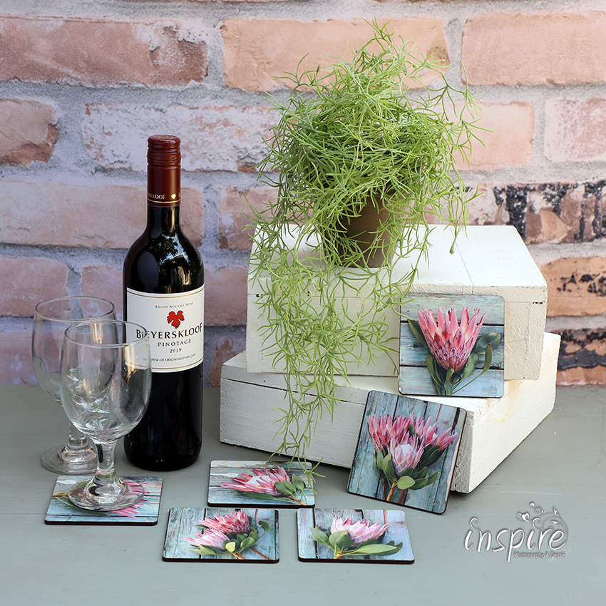 Coasters, table protection, wood, table decor, kombuis, kitchen decor, print, inspire photography and decor, pink proteas on rustic wooden background,