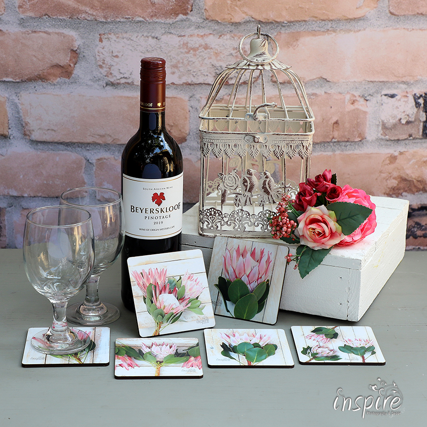 Coasters, table protection, wood, table decor, kombuis, kitchen decor, print, inspire photography and decor, pink proteas on rustic wooden background,