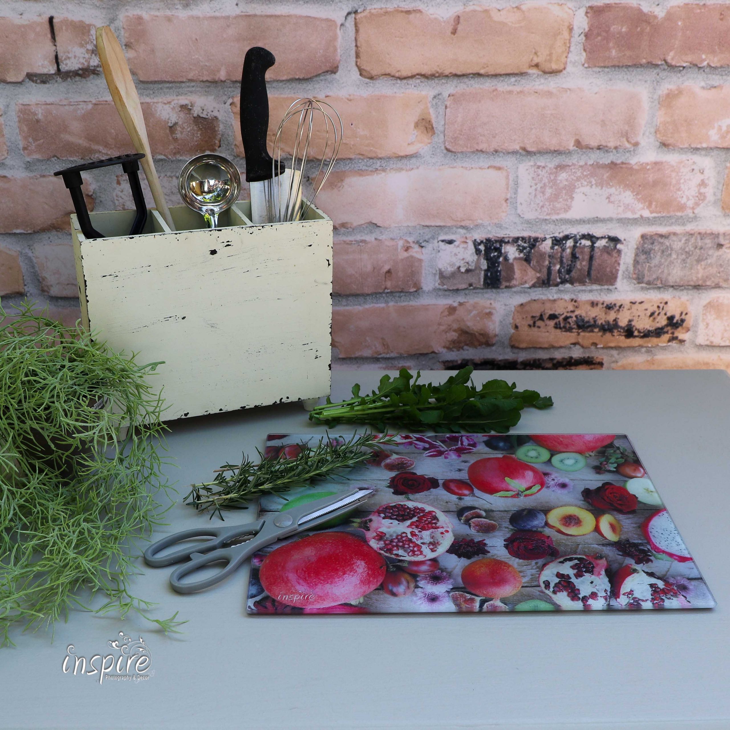 Glass Cuttingboard, hot pot tile, trivet, snybord, kombuis, kitchen decor, print, inspire photography and decor, pomegranates, granate, fruits, strawberries, figs, vrugte