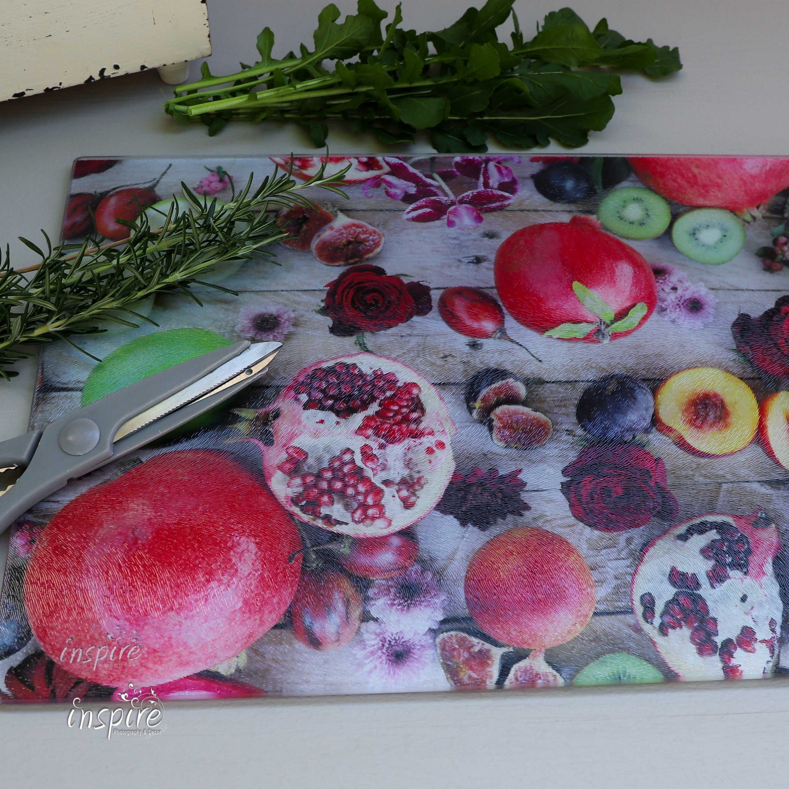 Glass Cuttingboard, hot pot tile, trivet, snybord, kombuis, kitchen decor, print, inspire photography and decor, pomegranates, granate, fruits, strawberries, figs, vrugte