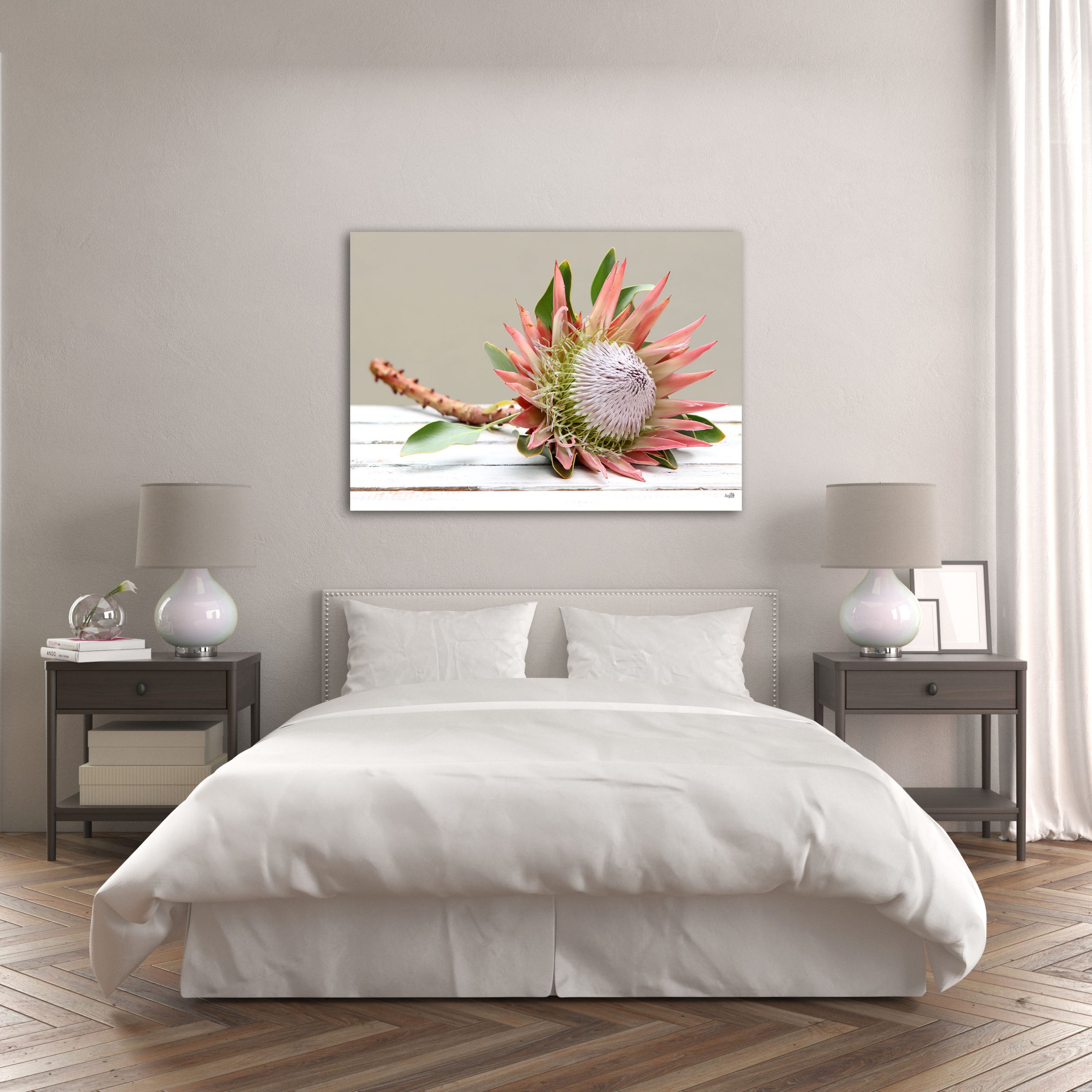 Canvas, canvas decor, wall art, print, inspire photography and decor, King proteas, pink protea, flowers, rustic white wood, salmon pink protea